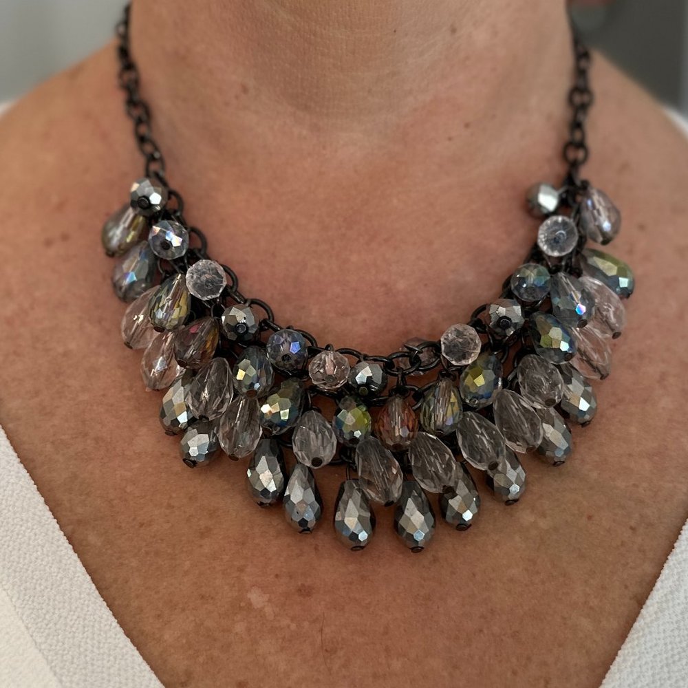 Black, Silver, Grey, Clear Beaded Statement necklace.